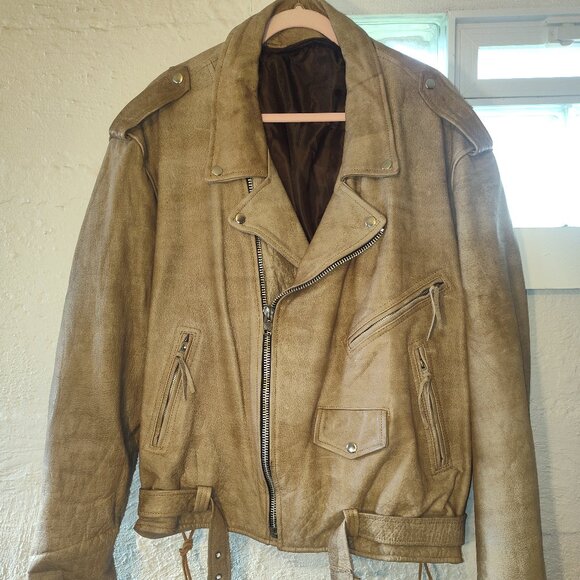 VTG YKK Light Tan Zippers Heavy Duty Lace Up Moto Leather Jacket w/ Belt Mens 2X